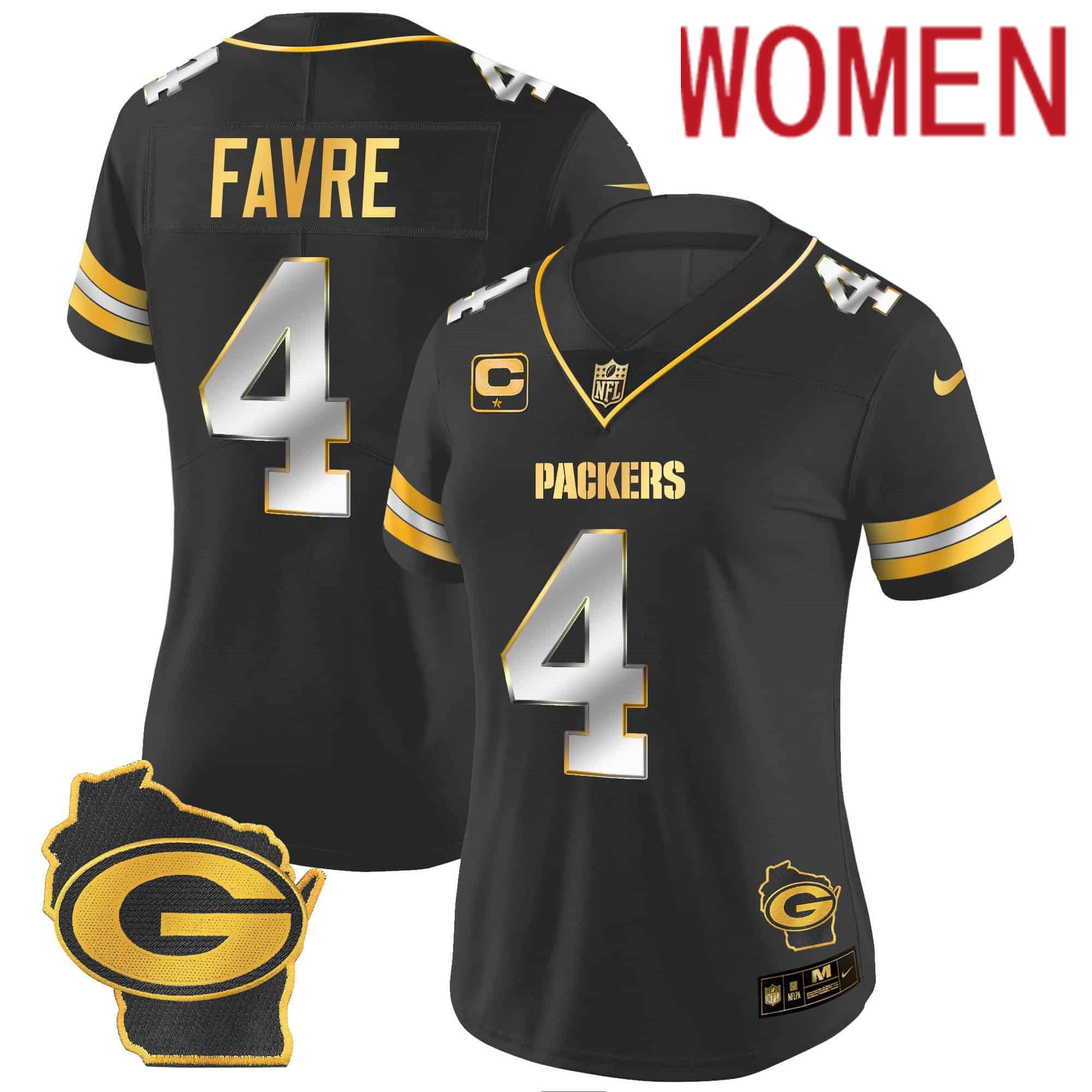 Women Green Bay Packers #4 Favre Black Gold 2024 Nike Home Patch Vapor NFL Jersey style 1